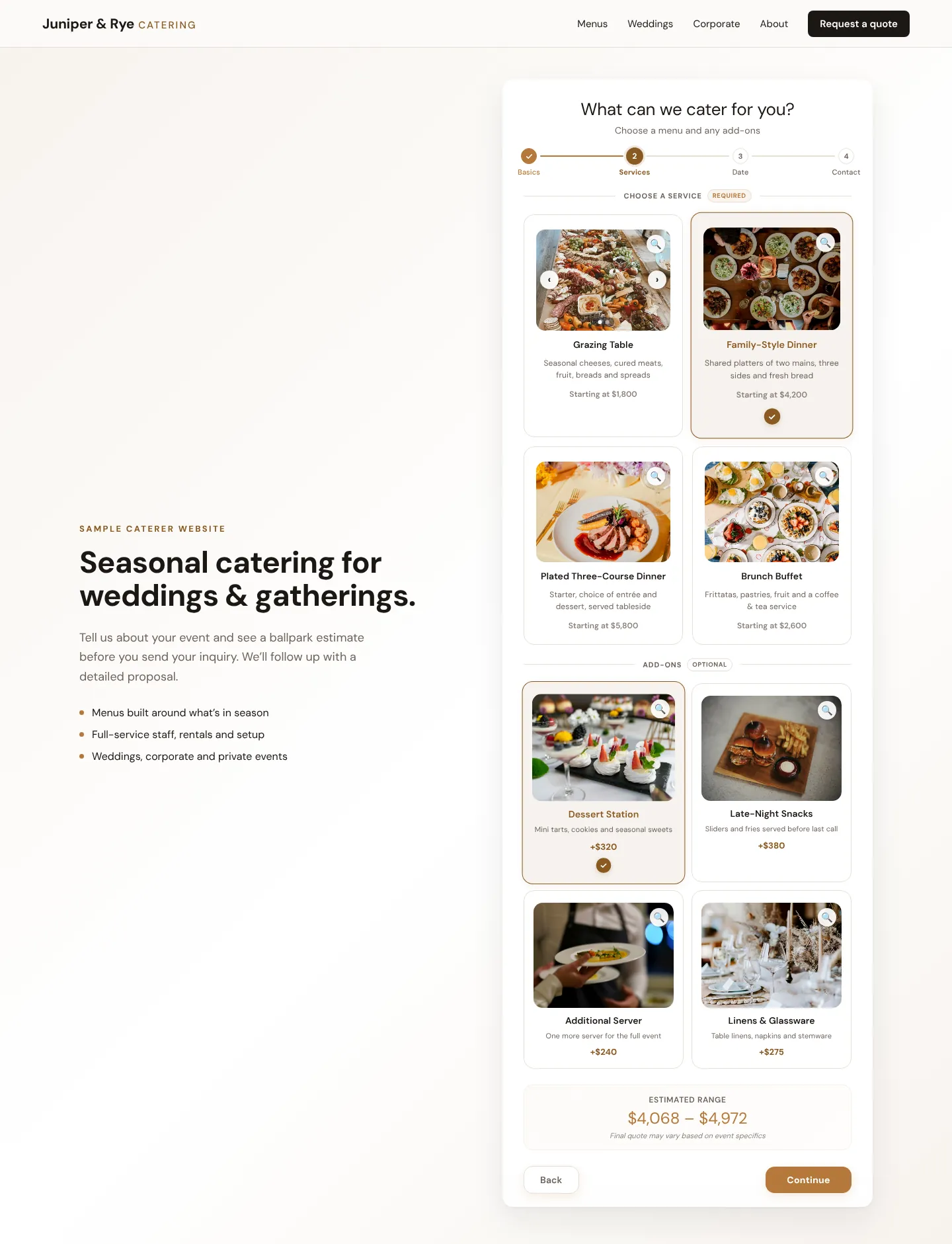 Sample catering inquiry form on a fictional caterer’s website, on the services step: four menu cards and four add-on cards, each topped with the photo the caterer uploaded (the first card has arrows for more photos), with prices, two selections, and an estimated price range above the Continue button.