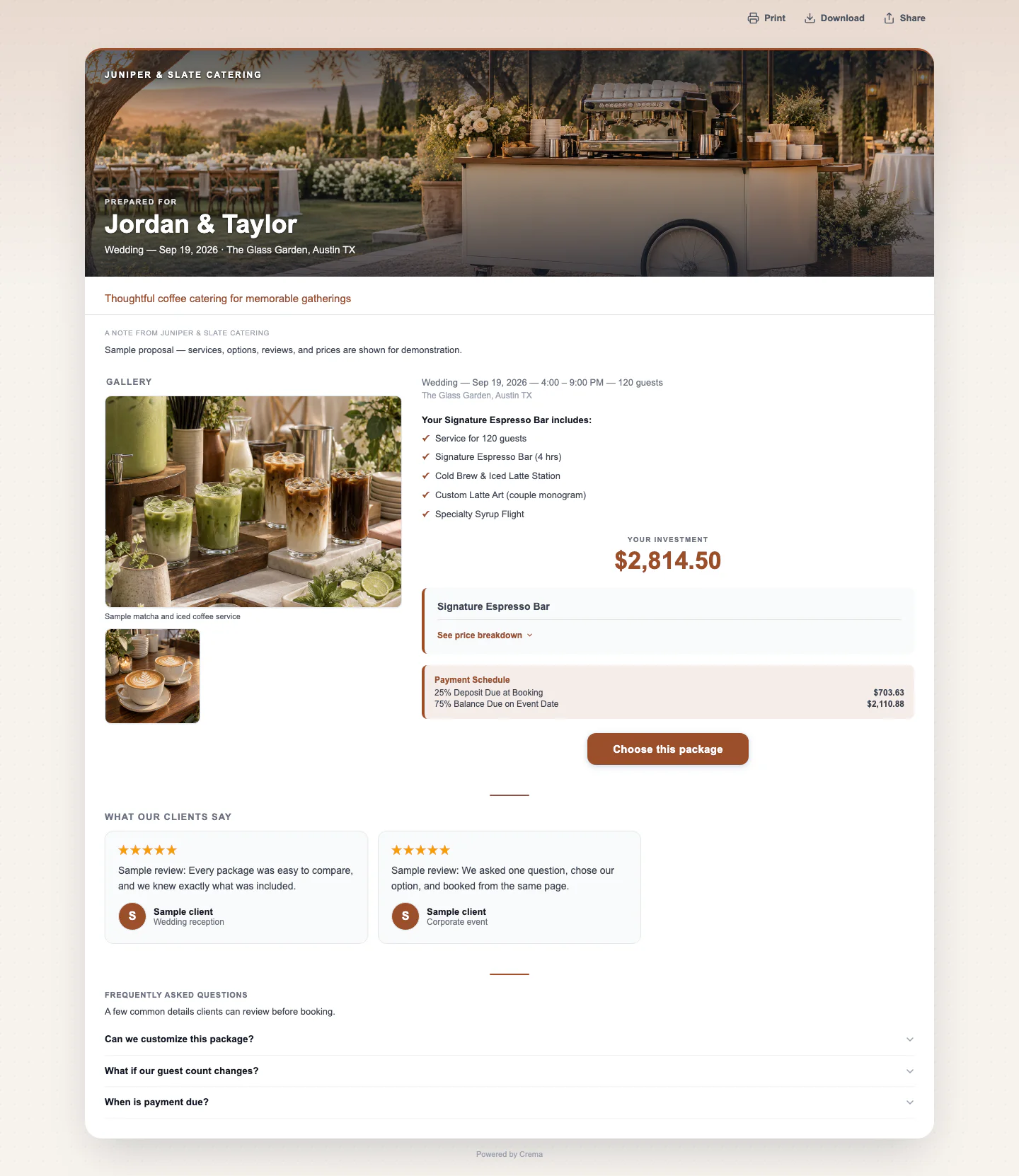 Crema sample catering proposal with a photo cover, service gallery, package inclusions, payment schedule, sample reviews, FAQs, and booking button.